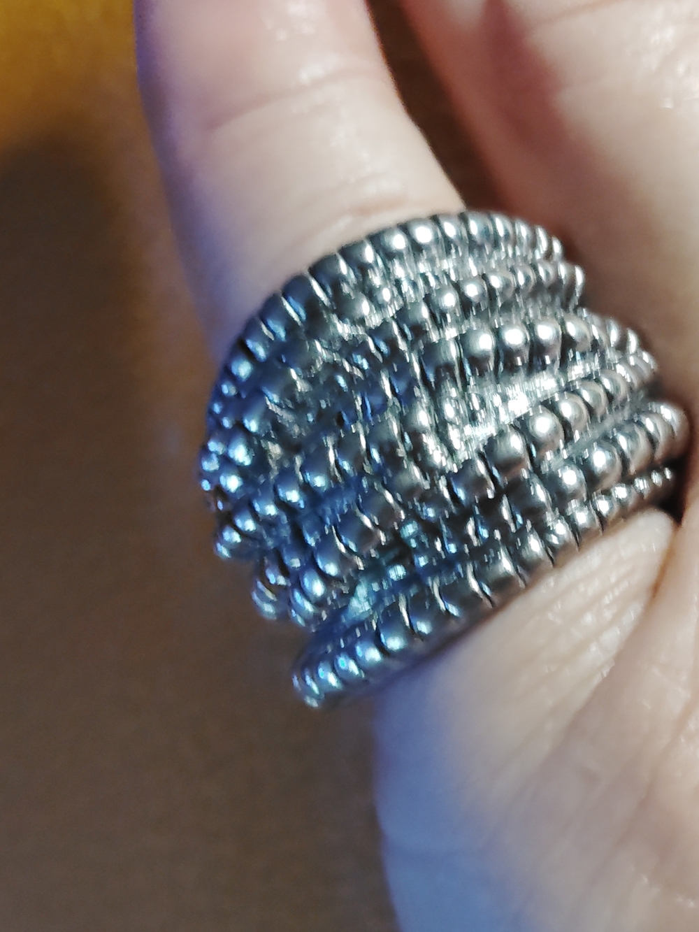 BIG, TEXTURED, "SOLID"- MULTI-LAYERED*, STERLING BAND-BEADED RING. SIZE  7-7.5